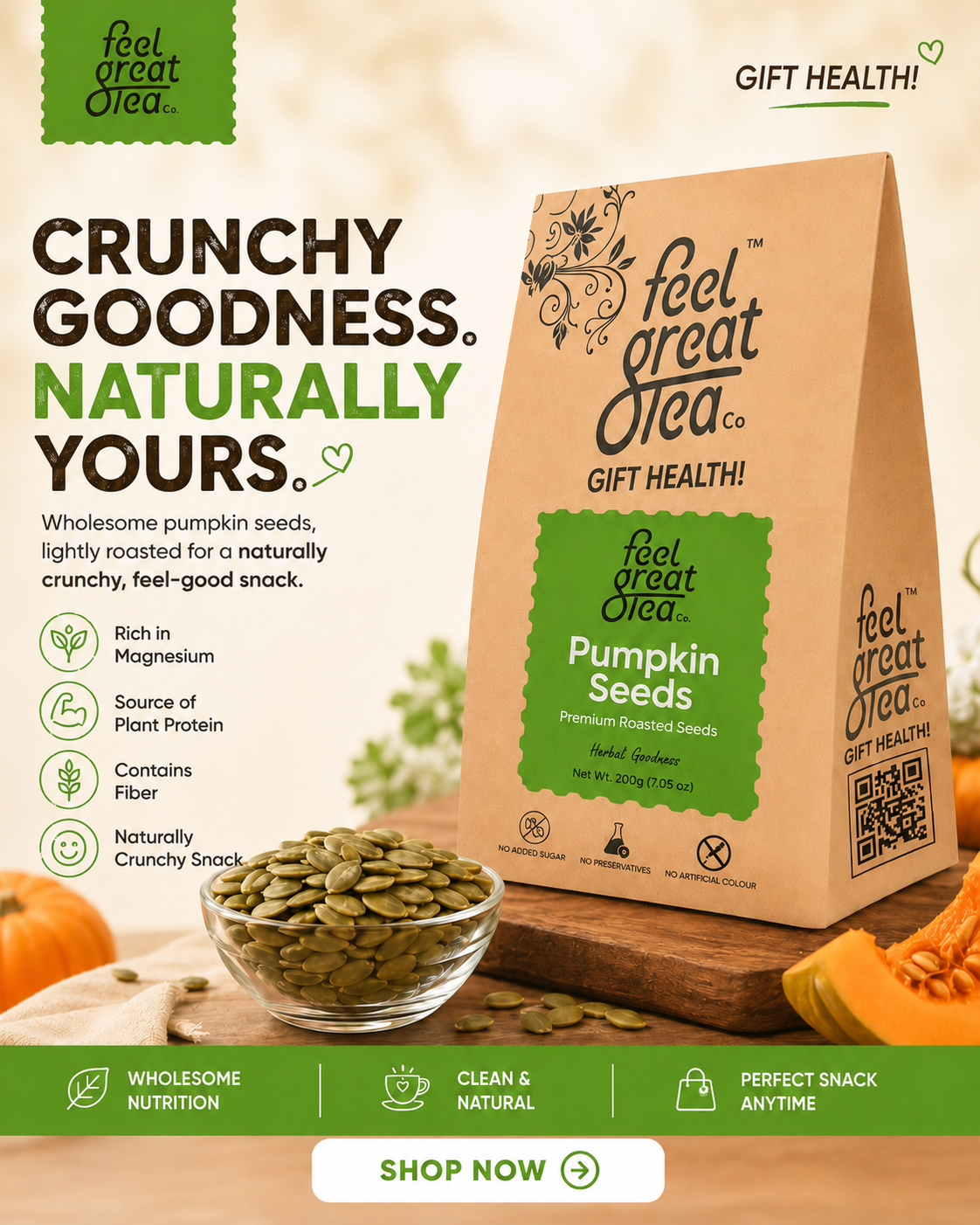 Feel Great Tea Co. pumpkin seeds packaging with text and images of seeds and pumpkins.