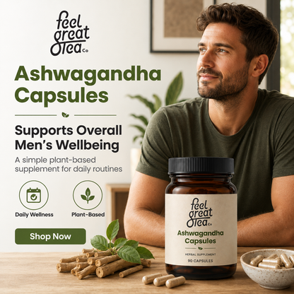 Man sitting at a table with Ashwagandha capsules and a 'feel great Olea' supplement bottle.