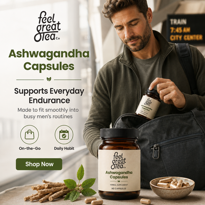 Man holding a bottle of 'feel great tea co.' Ashwagandha Capsules with product packaging and ingredients displayed.