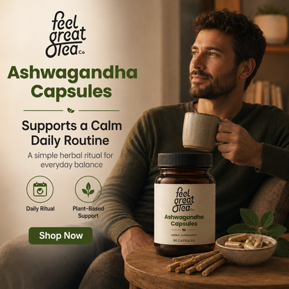 Man holding a mug with Ashwagandha Capsules and 'feel great Olea' branding.