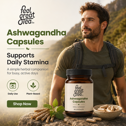 Man with backpack standing outdoors next to Ashwagandha capsules and jar, with 'feel great tea co.' branding.