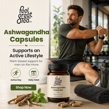 Man exercising with Ashwagandha Capsules and 'feel great tea co.' branding in the foreground.