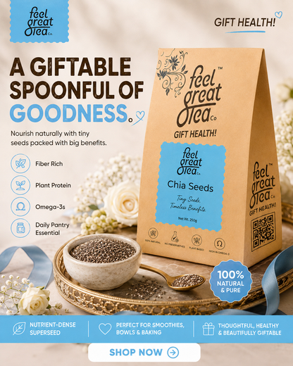 Feel Great Tea chia seeds packaging with text and images of chia seeds on a wooden tray.