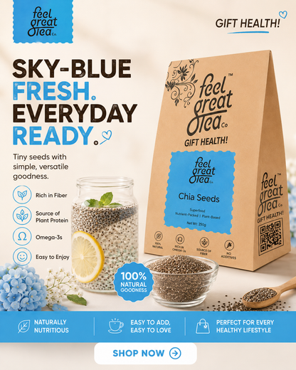 Feel Great Tea chia seeds packaging with promotional text on a beige background