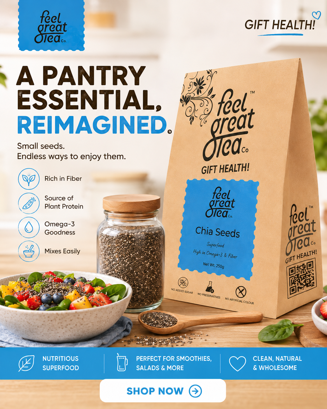 feel great tea Co. chia seeds packaging with promotional text and images of chia seeds and a salad.