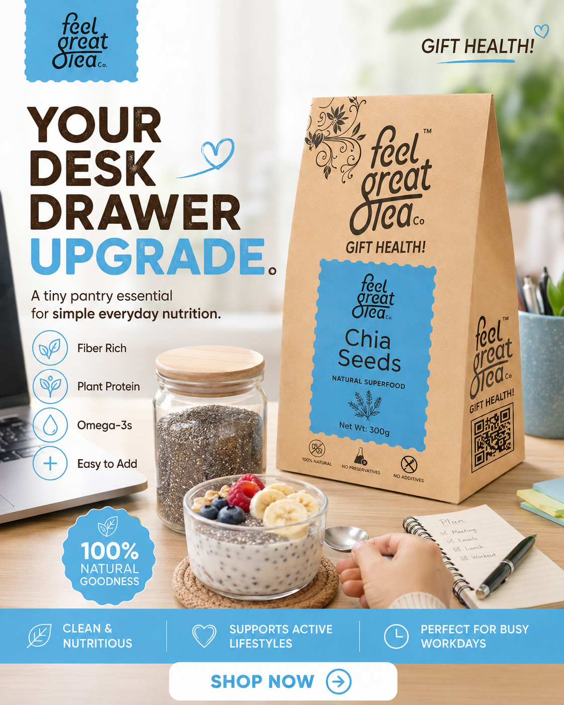 Promotional image of 'feel great tea' products on a desk with text highlighting health benefits.
