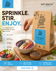 Feel Great Tea Chia Seeds packaging with a hand pouring seeds into a bowl, surrounded by health benefits text.