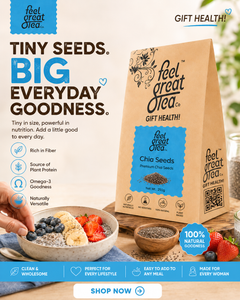 Feel Great Olea chia seeds packaging with a bowl of chia pudding and seeds on a wooden surface.