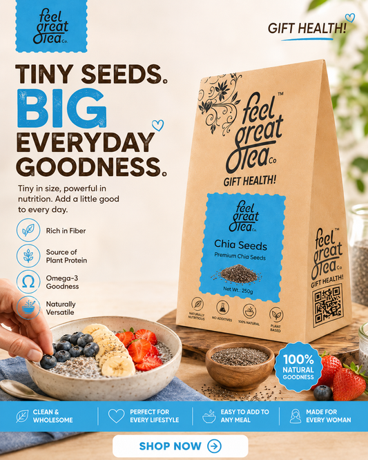 Feel Great Olea chia seeds packaging with a bowl of chia pudding and seeds on a wooden surface.