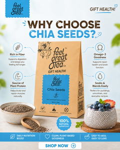 Promotional image of 'feel great Olea' chia seeds package with health benefits highlighted.