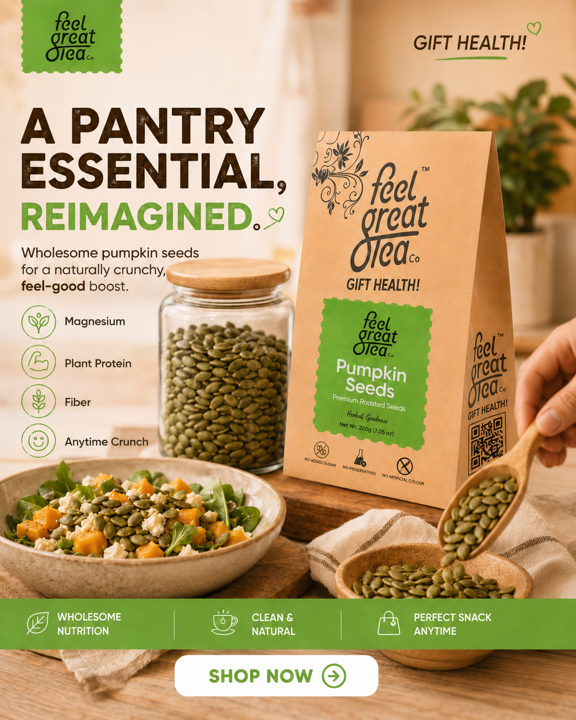 Feel Great Olea pumpkin seeds packaging with seeds in a bowl and a hand holding a wooden spoon.