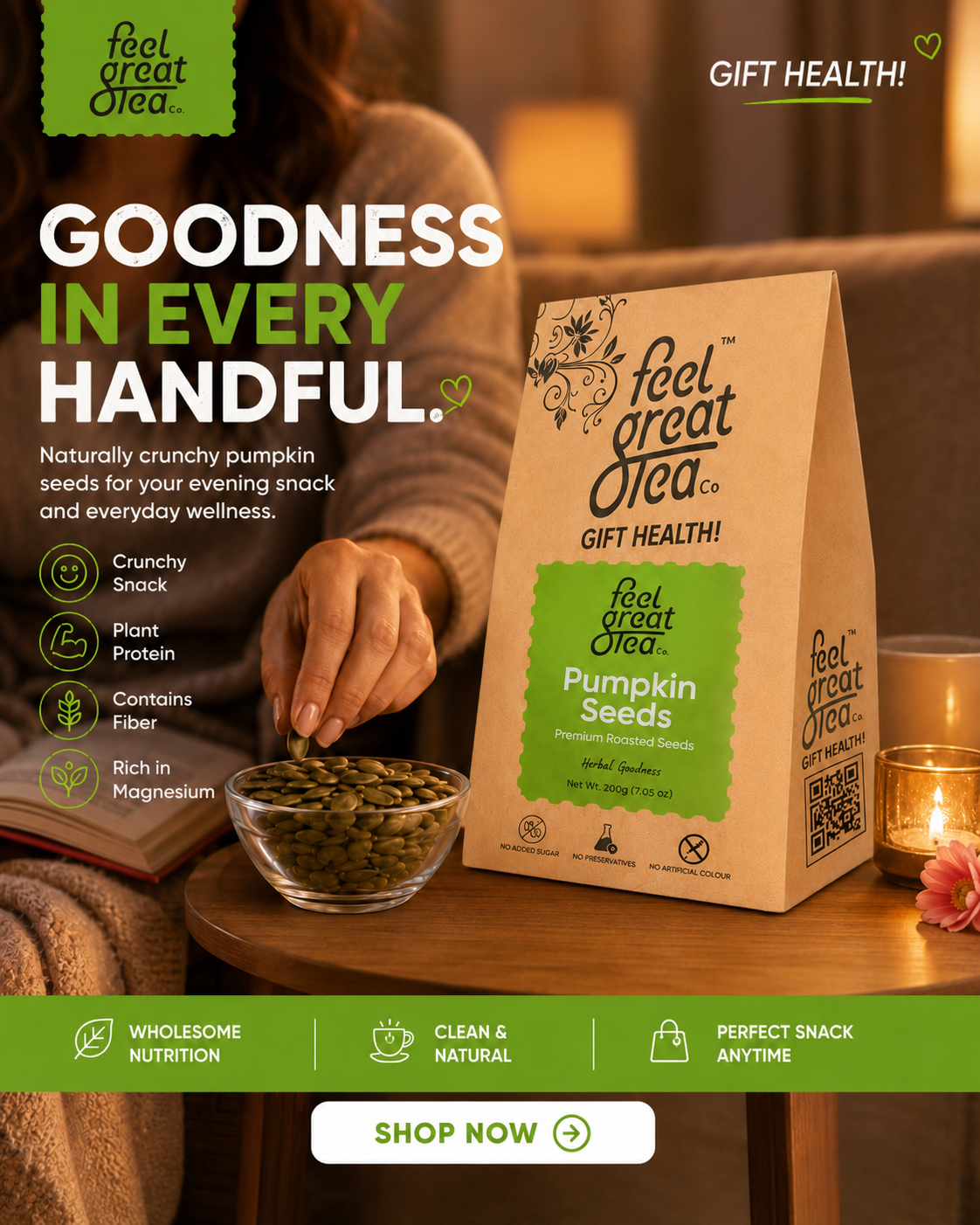 Person holding a bowl of pumpkin seeds next to a bag of 'feel great Olea' pumpkin seeds on a table.
