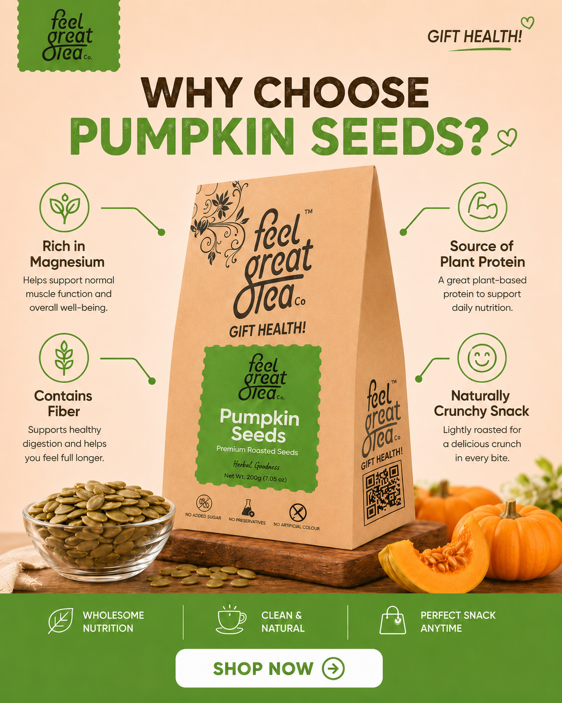 Promotional graphic for 'feel great Olea' pumpkin seeds with packaging and pumpkins on a beige background.