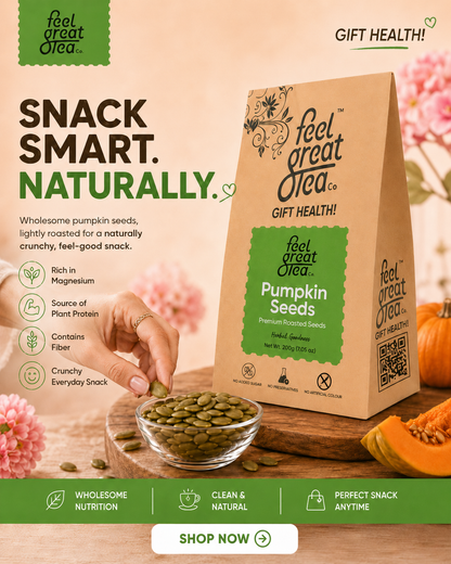 Feel Great Orea pumpkin seeds packaging with a hand reaching for seeds on a wooden board.