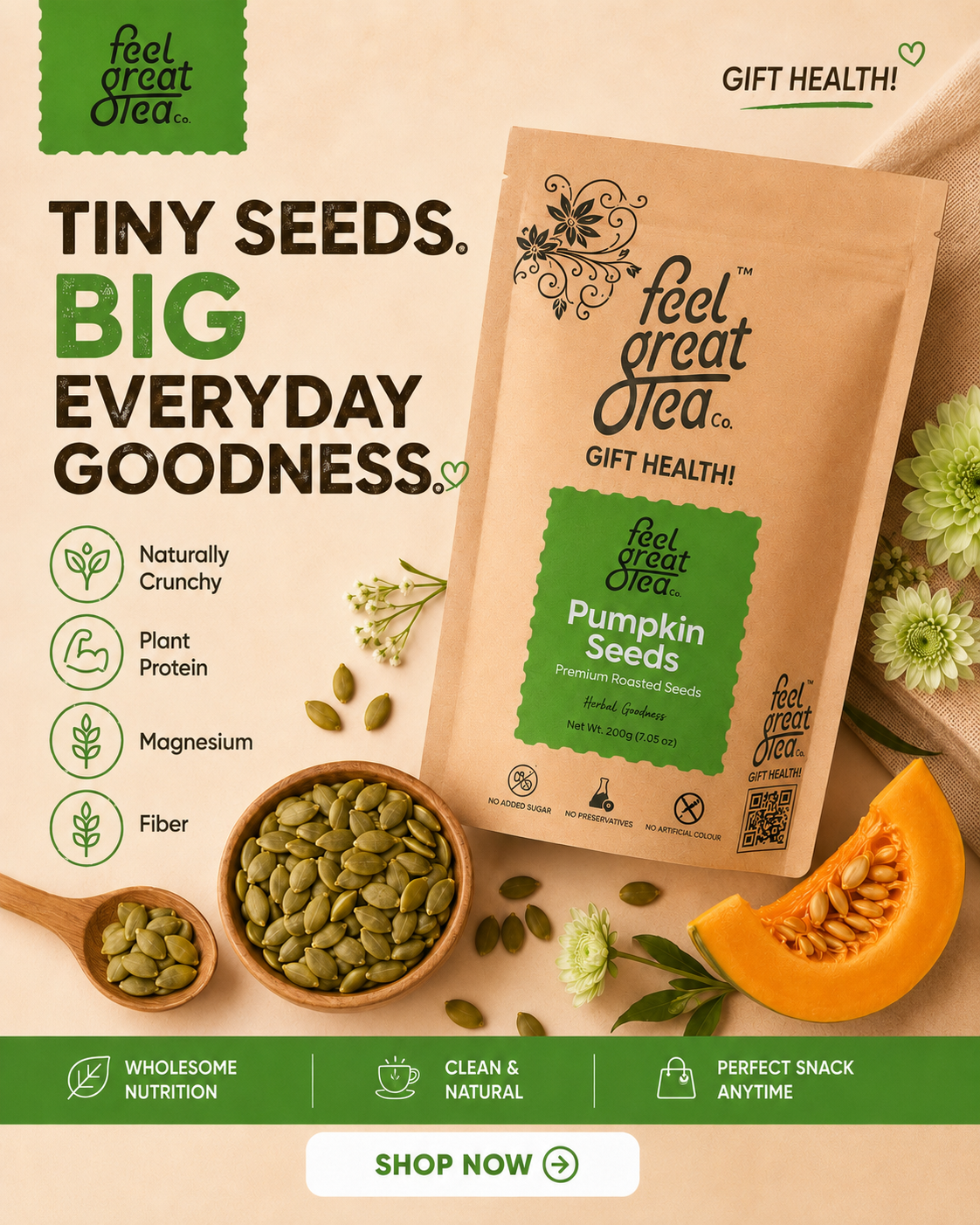 Feel Great Opea pumpkin seeds packaging with seeds and pumpkin on a beige background