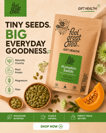 Feel Great Opea pumpkin seeds packaging with seeds and pumpkin on a beige background