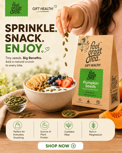 Feel Great Ocea pumpkin seeds packaging with a bowl of cereal and pumpkin seeds on a wooden table.