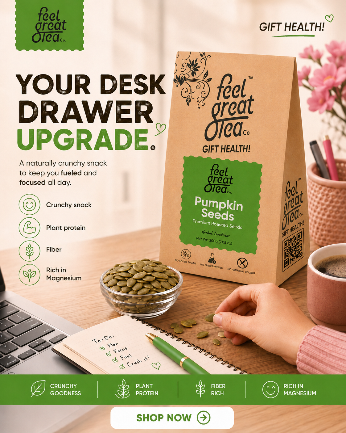 Feel Great Tea Co. pumpkin seeds packaging with a desk setup and hand holding seeds.