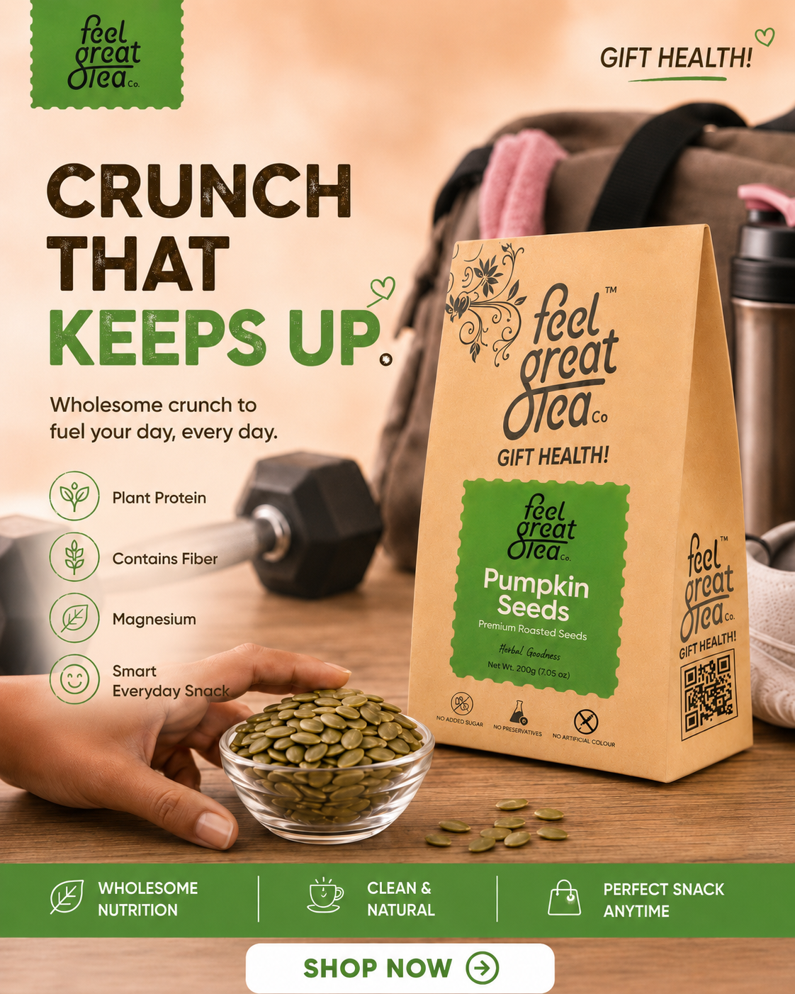 feel great tea pumpkin seeds packaging with promotional text and images of a person and gym equipment.