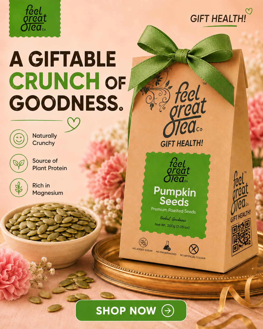 Feel Great Tea pumpkin seeds packaging with a green bow on a decorative background.