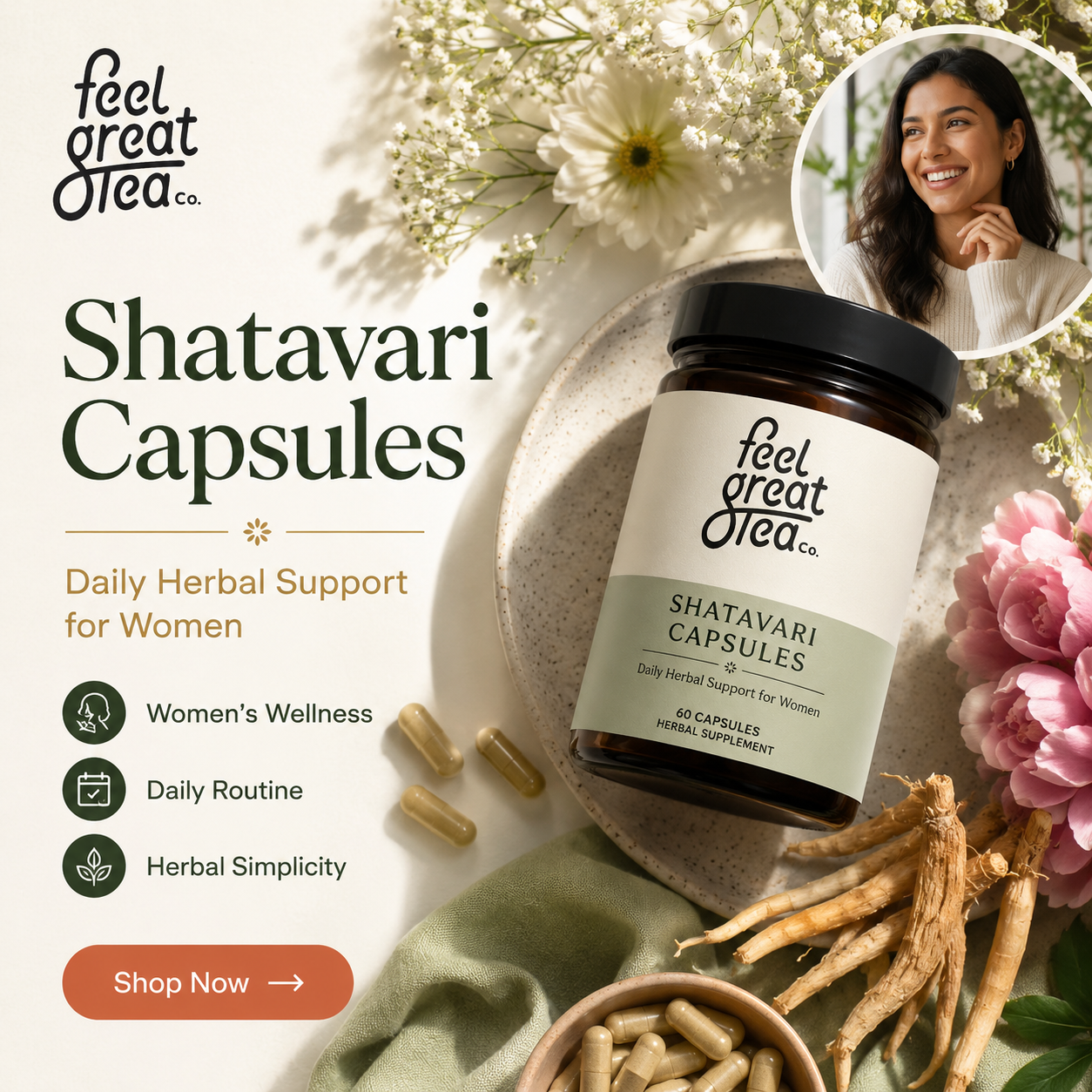 Shatavari Capsules packaging with herbs and flowers on a light background