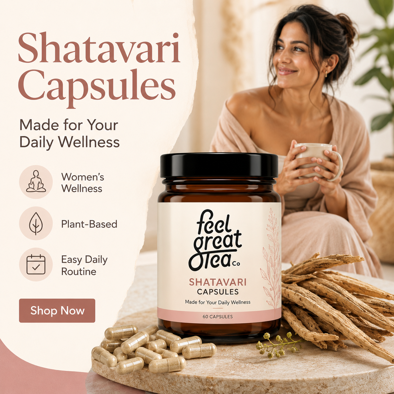 Shatavari Capsules packaging with a woman holding a cup in the background