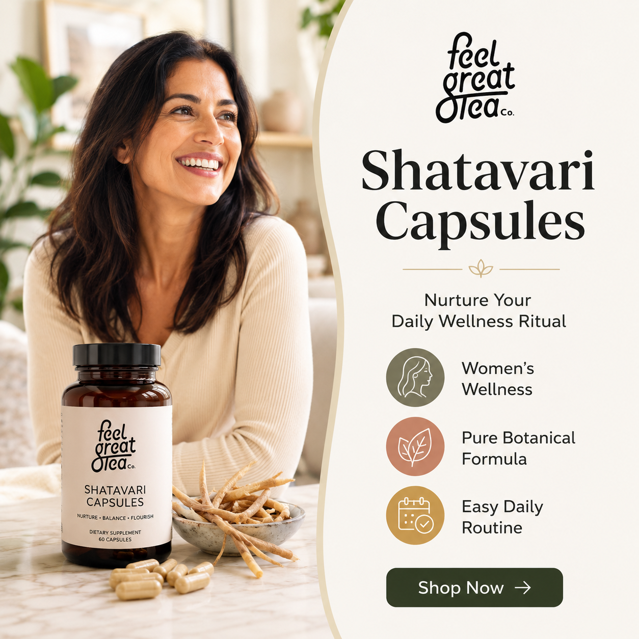 Woman with Shatavari capsules and packaging on a table, featuring 'feel great Olea' brand.