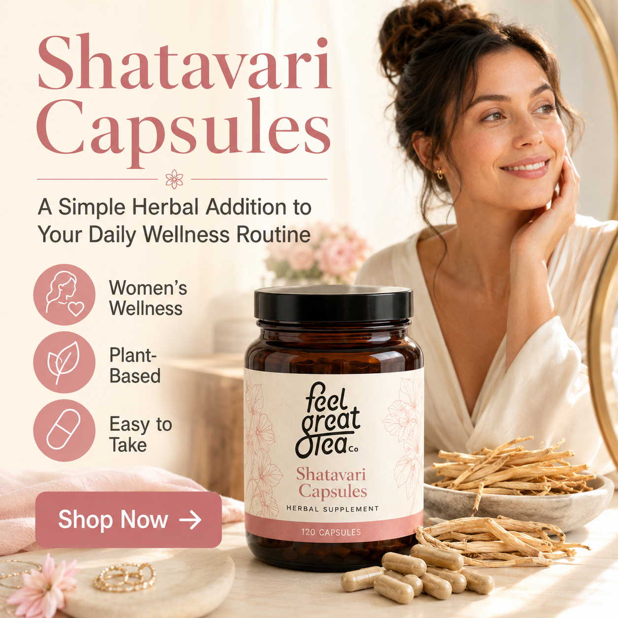 Shatavari Capsules advertisement with a woman and supplement jar on a table.