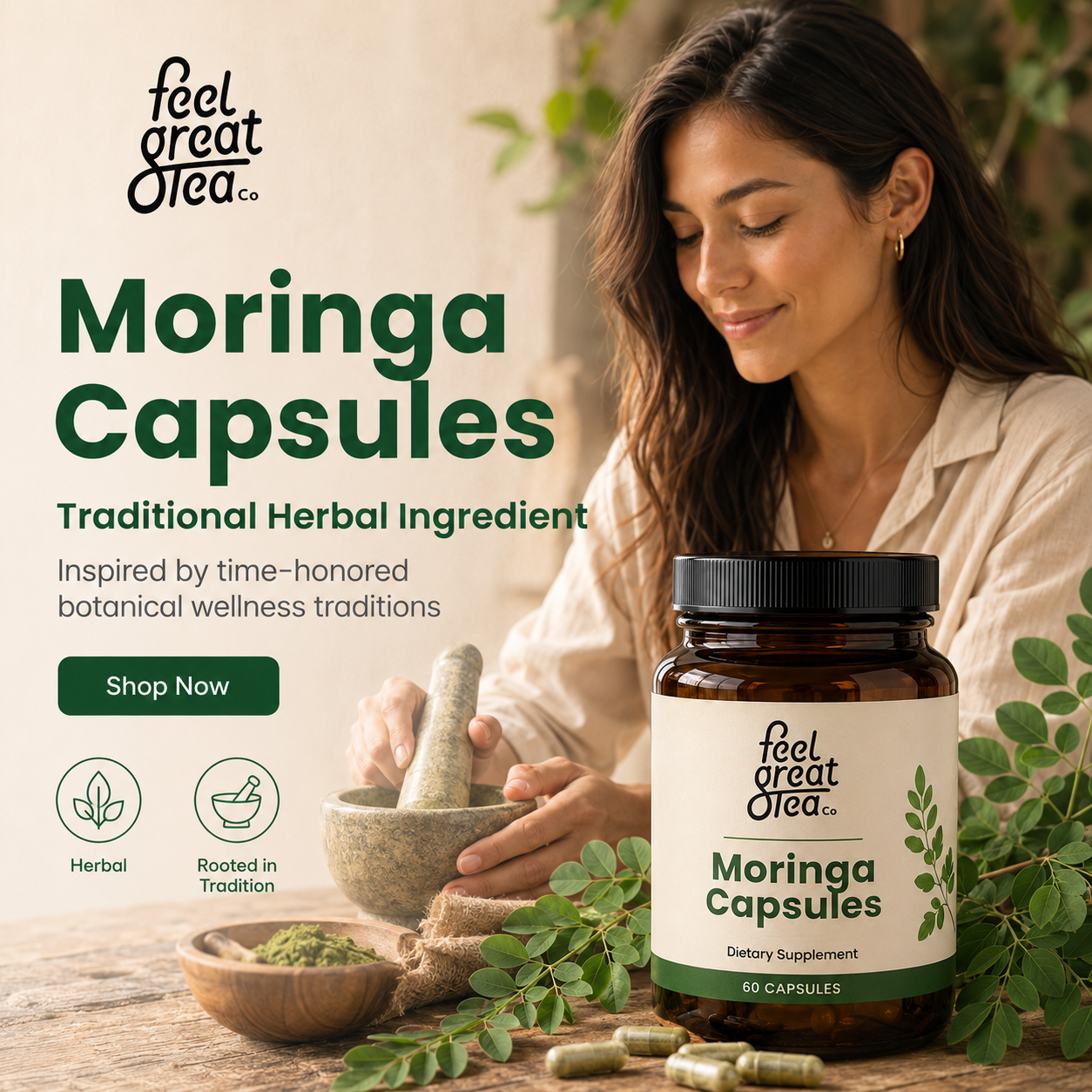 Woman with Moringa Capsules and mortar and pestle, featuring 'feel great tea' brand.