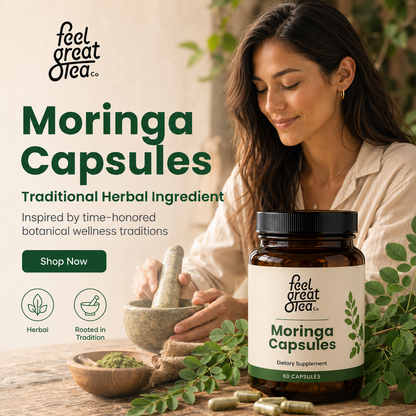 Woman with Moringa Capsules and mortar and pestle, featuring 'feel great tea' brand.