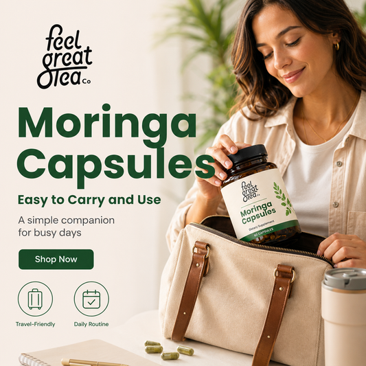 Woman holding a bottle of Moringa Capsules with 'feel great tea co' branding.