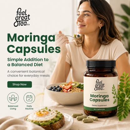 Woman eating a meal with a bottle of 'feel great tea' Moringa Capsules on a table.