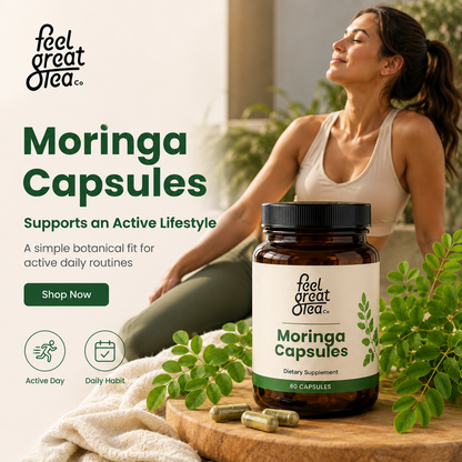 Moringa capsules with a woman in the background, promoting an active lifestyle.