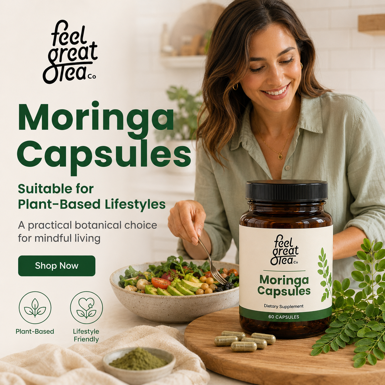 Woman with a bowl of salad and Moringa Capsules on a wooden cutting board, with 'feel great tea co.' branding.