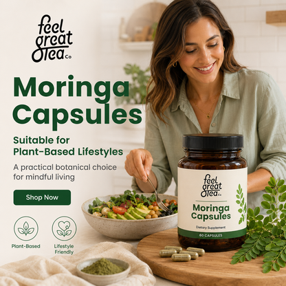 Woman with a bowl of salad and Moringa Capsules on a wooden cutting board, with 'feel great tea co.' branding.