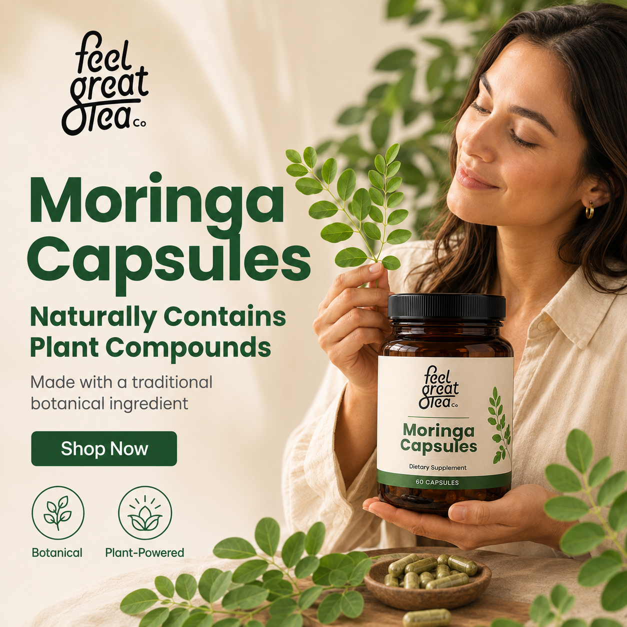 Woman holding Moringa Capsules with branding and product details on a light background